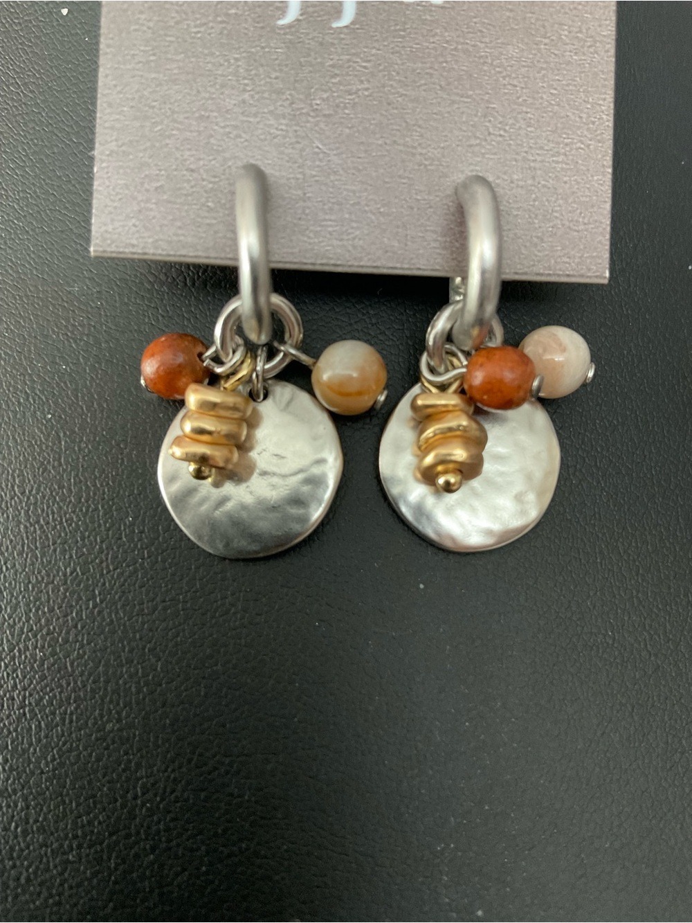 J. Jill Silver Hoop Earrings with Brown and Cream Beads 1936 - Picture 2 of 4